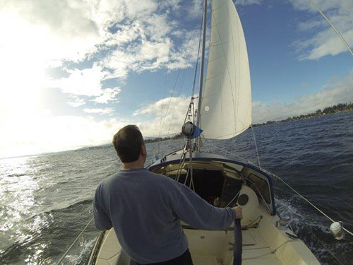 The pirate at the helm of Trouper II. 