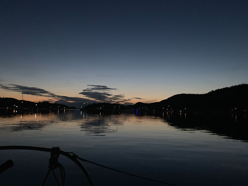 Darkness fall on Montague Harbour. Check out all the anchor lights.