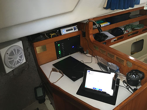 Navigation station featuring new panel, laptop, chart plotter, depth sounder....