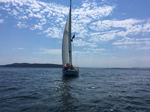 Kevin at the helm leaving Bedwell Harbour