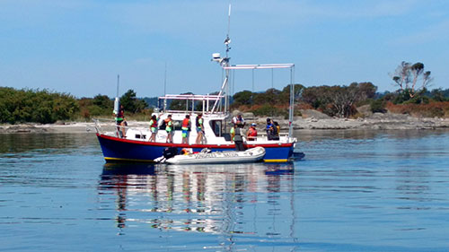 Songhees Nation Bylaw Enforcement Officer pics up kids who were ferried to the Island aboard Yacht Club's race committee boat.