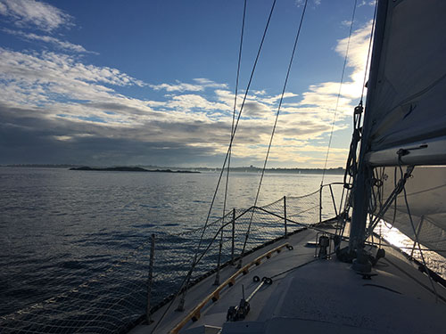 Sailing Trouper 2 toward Cadboro Bay from Baynes Channel. The fleet is in the background.