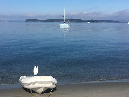 Trouper 2 anchored off the Southwest beach at Sidney Spit.