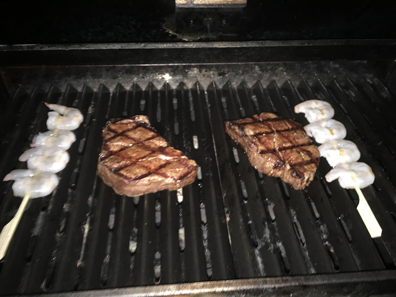 Shrimps on the bar-b. Tenderloin steaks too!