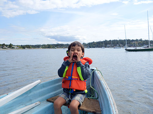 In the dinghy on on his way to T2!