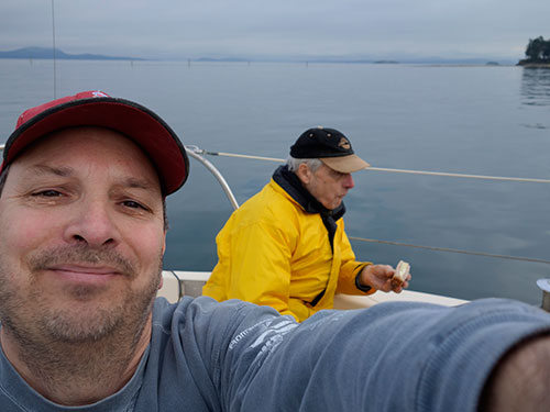 Dad and I enjoy lunch at anchor off Sidney Spit