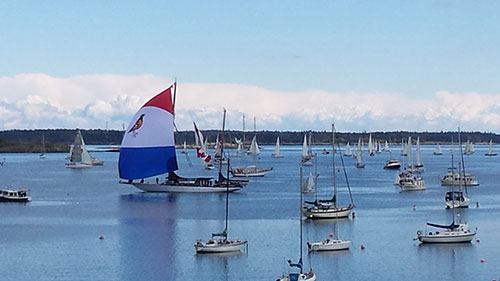 HMCS Oriole and the RVYC fleet forming up for the sail-past.
