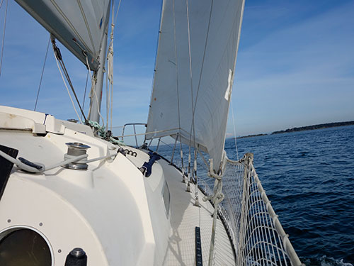 On port tack, bound for Baynes Channel.