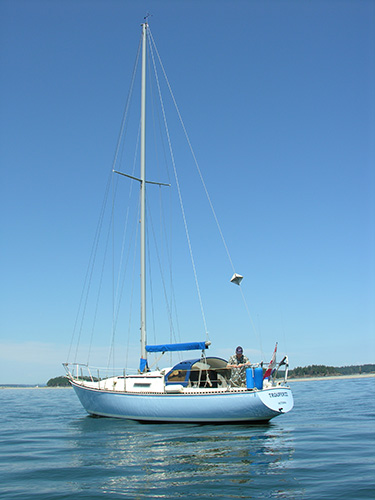 Trouper II with dad at anchor off Sidney Spit