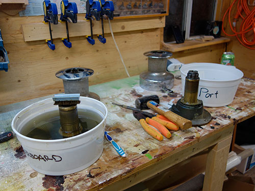 Starboard Barient model 18, 2 speed winch sitting in a paint thinner bath. (High times!)